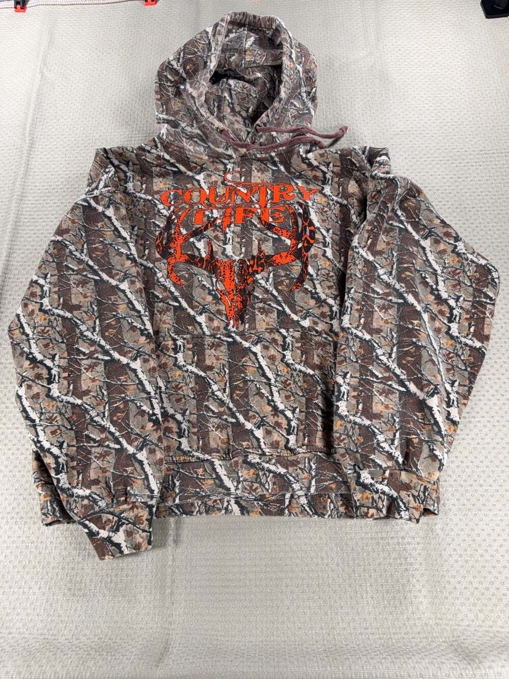 Country Life Tree Camo Hoodie with Orange Deer Skull Print